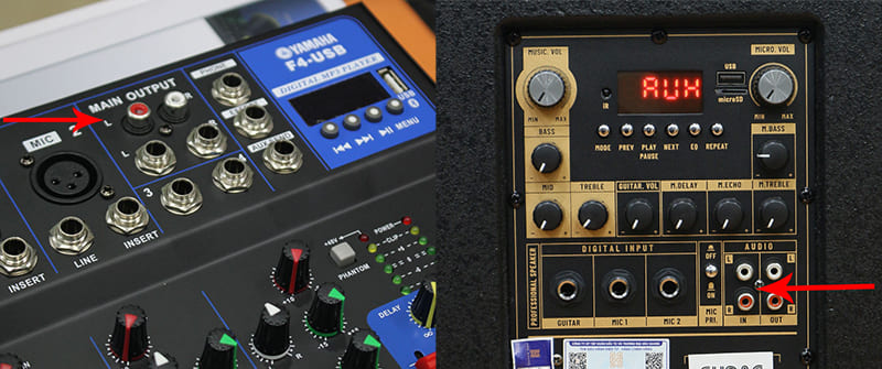 Tìm cổng Out trên mixer và cổng In trên loa kéo Tìm cổng Out trên mixer và cổng In trên loa kéo
