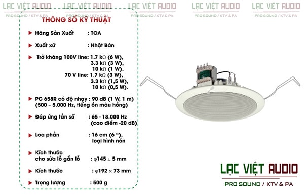 Thông số kỹ thuật của loa âm trần Toa PC-658R